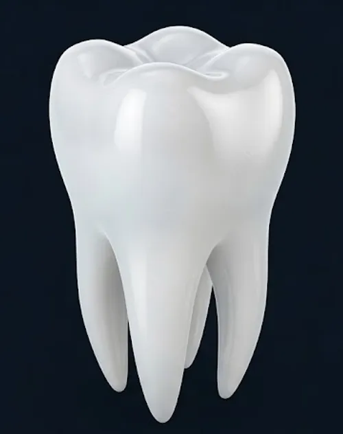 Ilustração anatômica de dente natural saudável exibindo esmalte, dentina e raiz biológica ancorada no osso