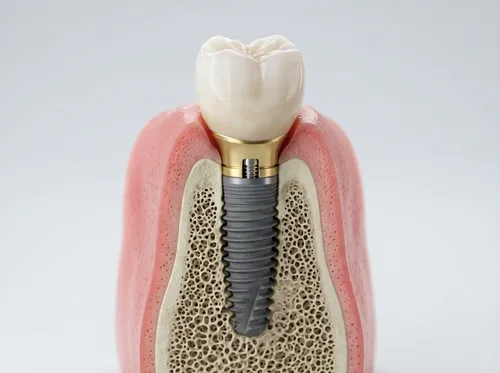 Diagrama anatômico realista de implante dentário de titânio osseointegrado ao osso alveolar com coroa cerâmica translúcida