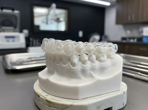 Alinhador ortodôntico transparente adaptado com precisão sobre modelo de arcada dental de estudo