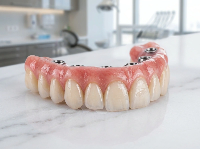 Prótese protocolo fixa sobre implantes confeccionada em cerâmica e zircônia com estética dental e gengival de alta precisão